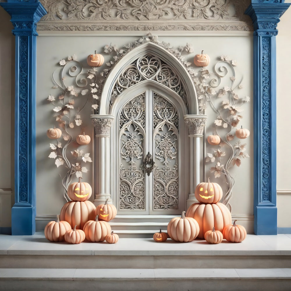 Sfondo Con Arco Gotico Bianco Con Zucca Di Halloween RR7-272