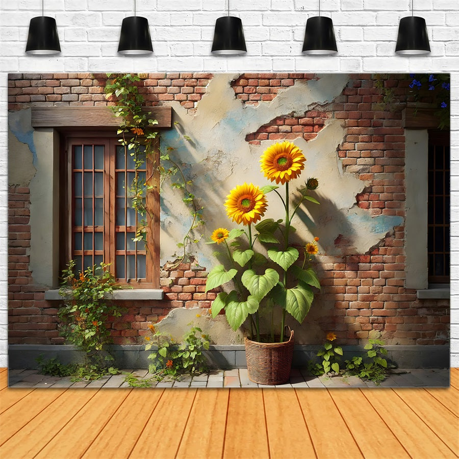 Sfondo Di Muro Di Mattoni Rustico Edera Girasole RR7-276