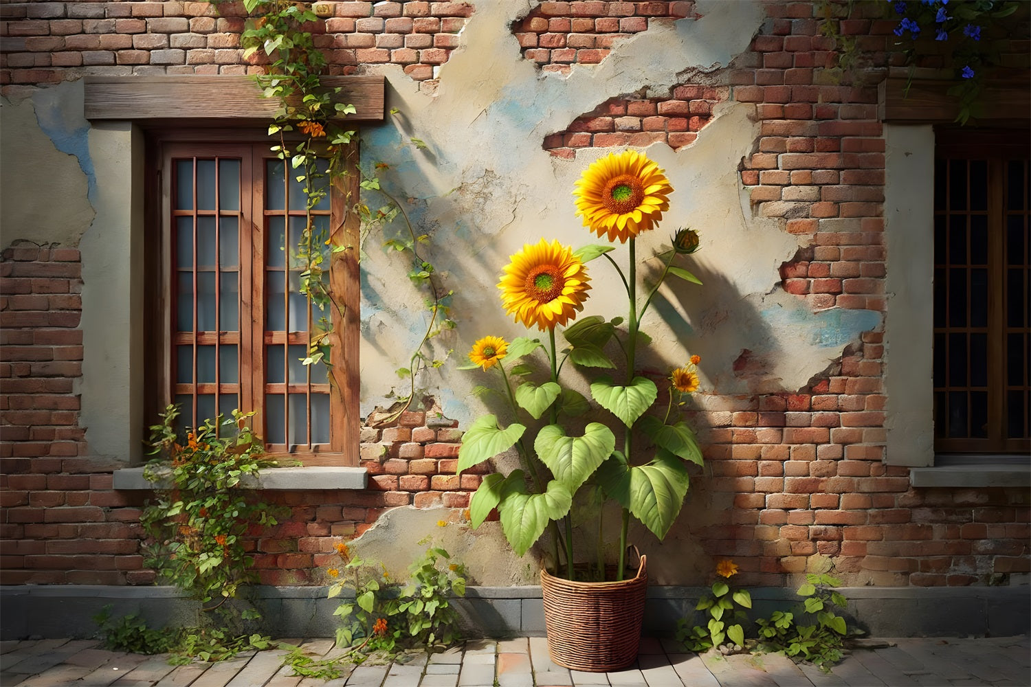 Sfondo Di Muro Di Mattoni Rustico Edera Girasole RR7-276