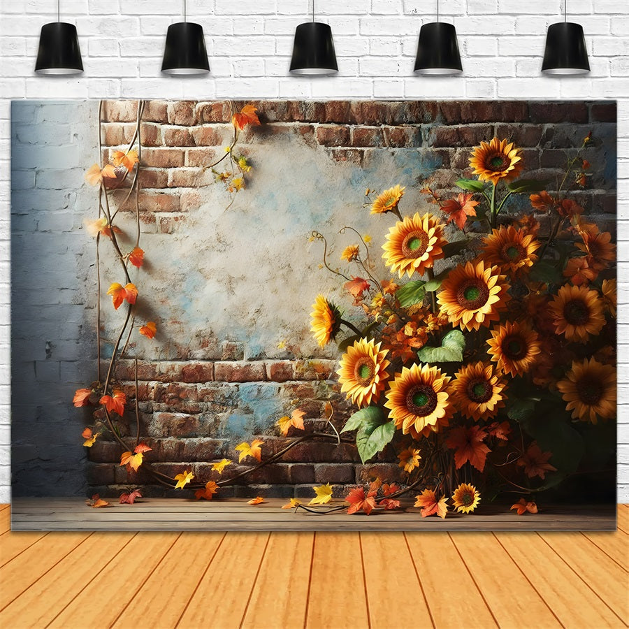 Sfondo Rustico Di Foglie Autunnali Di Girasoli Con Muro Di Mattoni RR7-277