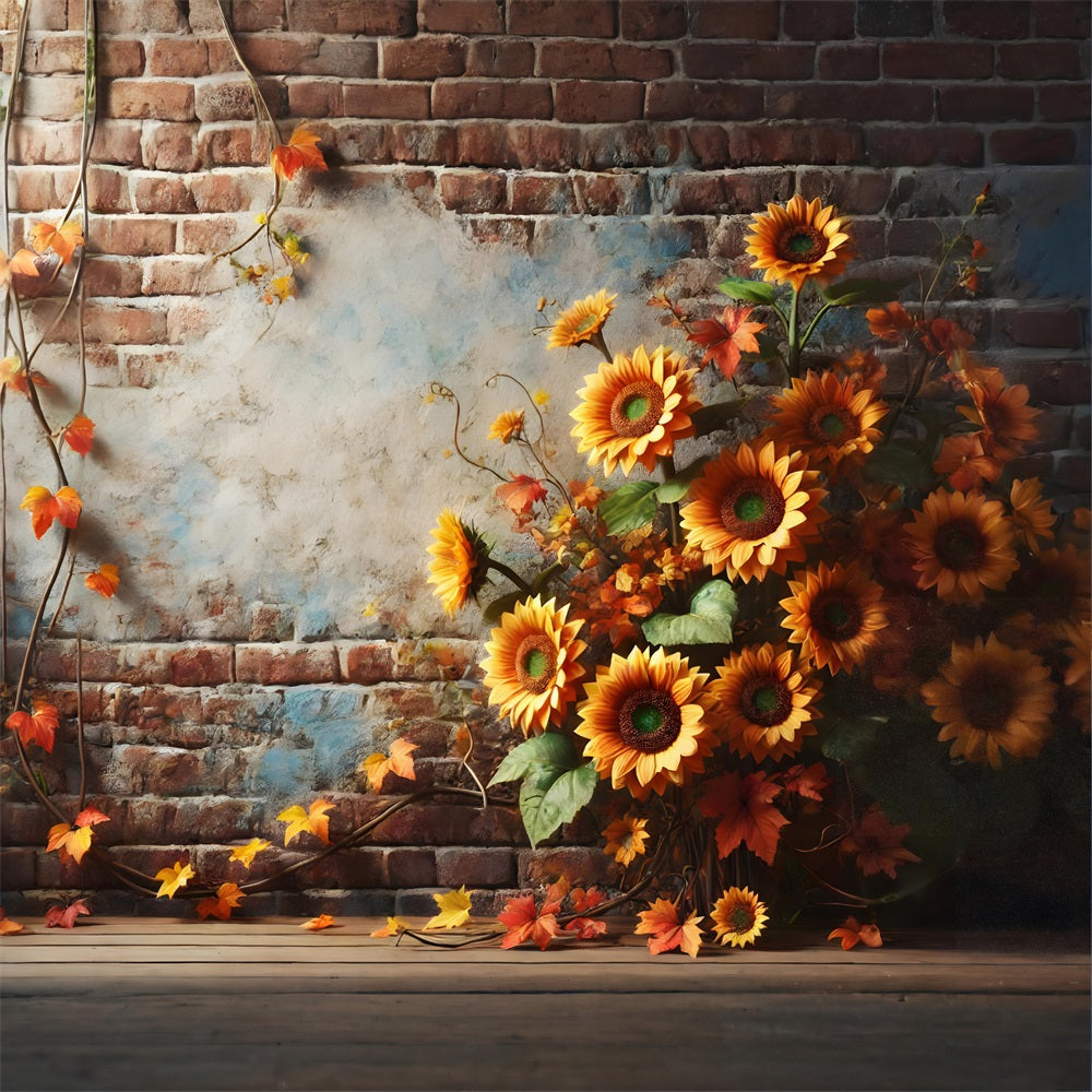 Sfondo Rustico Di Foglie Autunnali Di Girasoli Con Muro Di Mattoni RR7-277