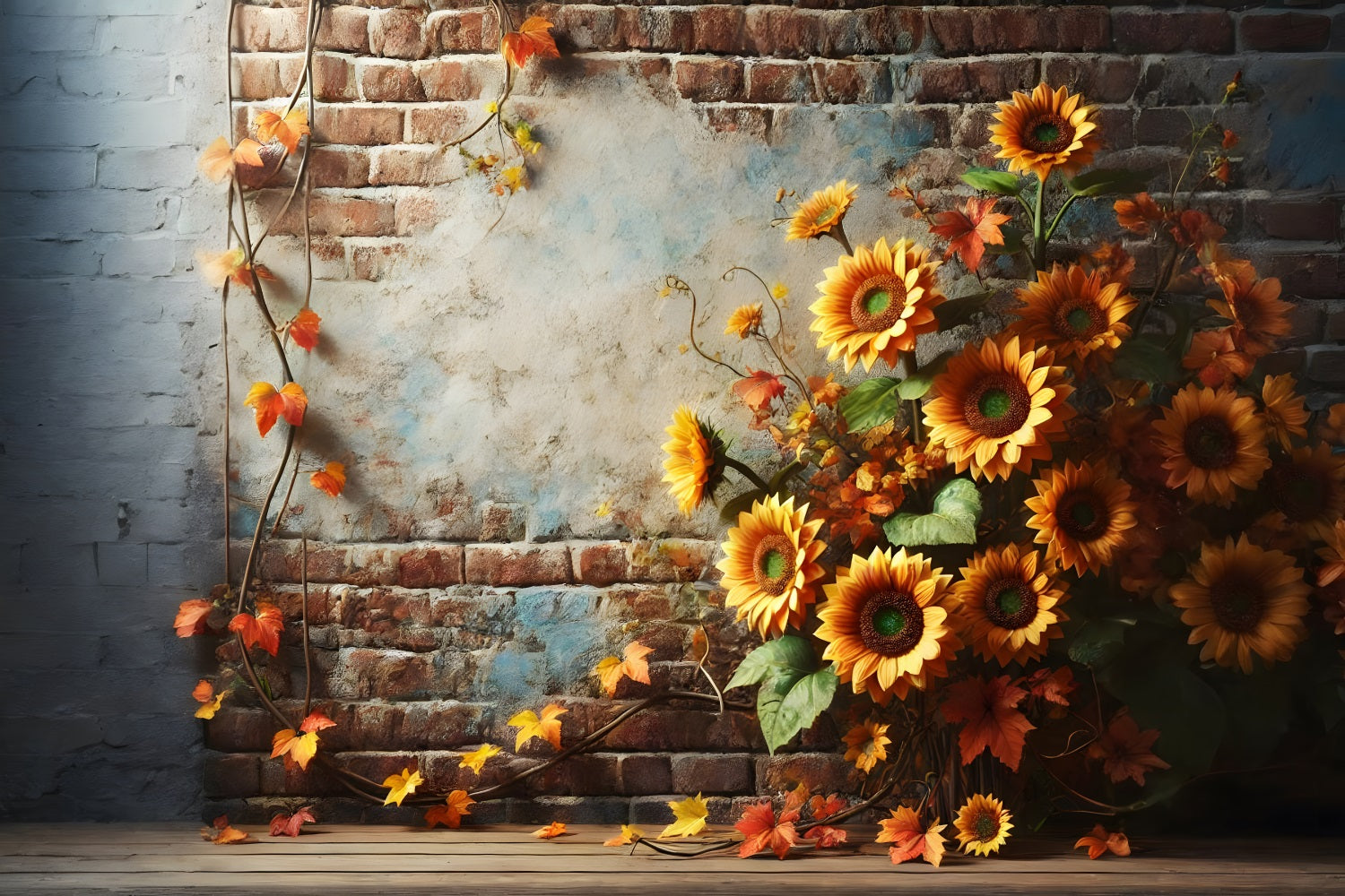 Sfondo Rustico Di Foglie Autunnali Di Girasoli Con Muro Di Mattoni RR7-277