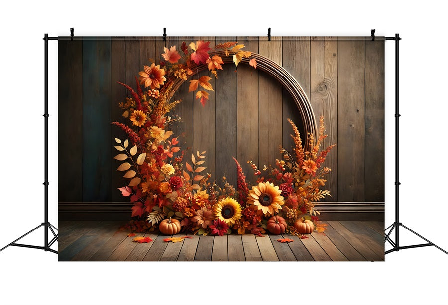 Sfondo In Legno Di Zucca Con Arco Floreale Autunnale RR7-279