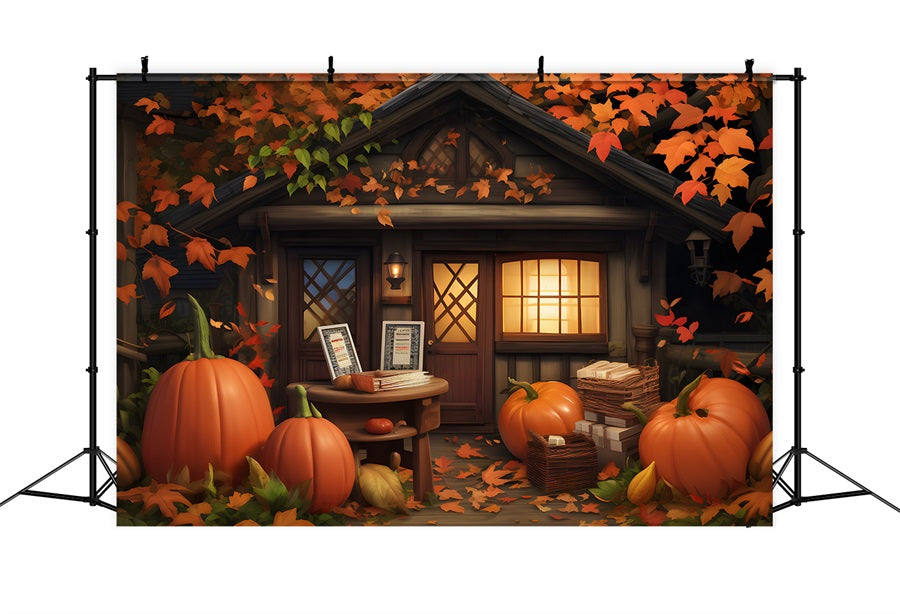 Accogliente Cottage Autunnale Con Foglie Di Zucche Sullo Sfondo RR7-284