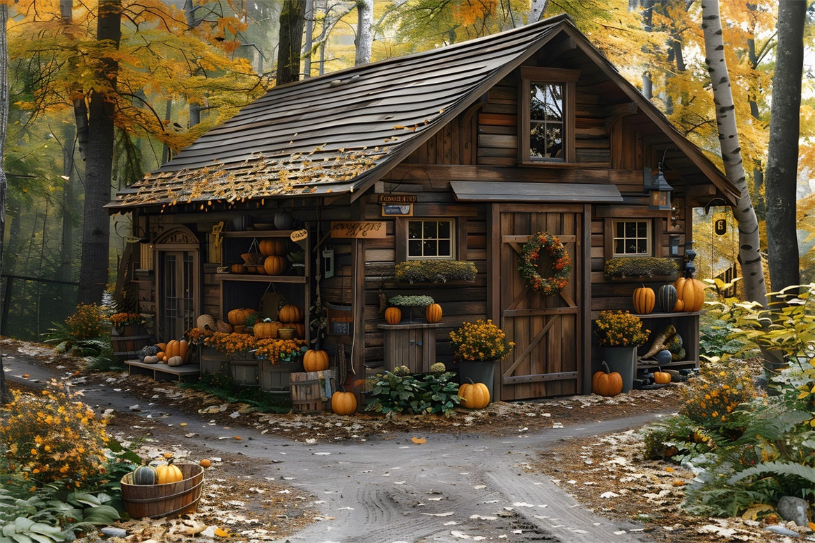 Rustico Autunno Cabina Zucche Foglie Sfondo RR7-285