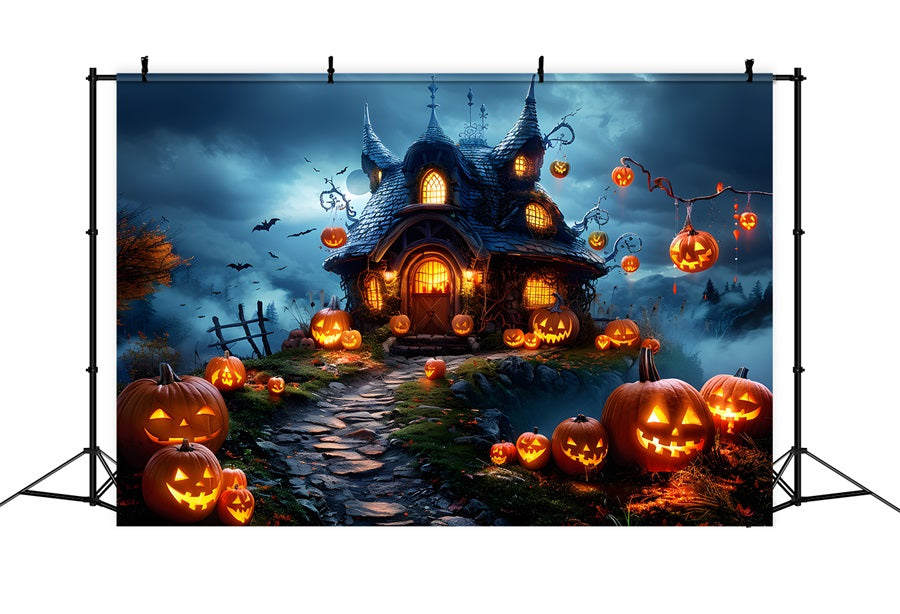 Sfondo Del Cottage Con Lanterne Di Zucca Di Halloween RR7-287