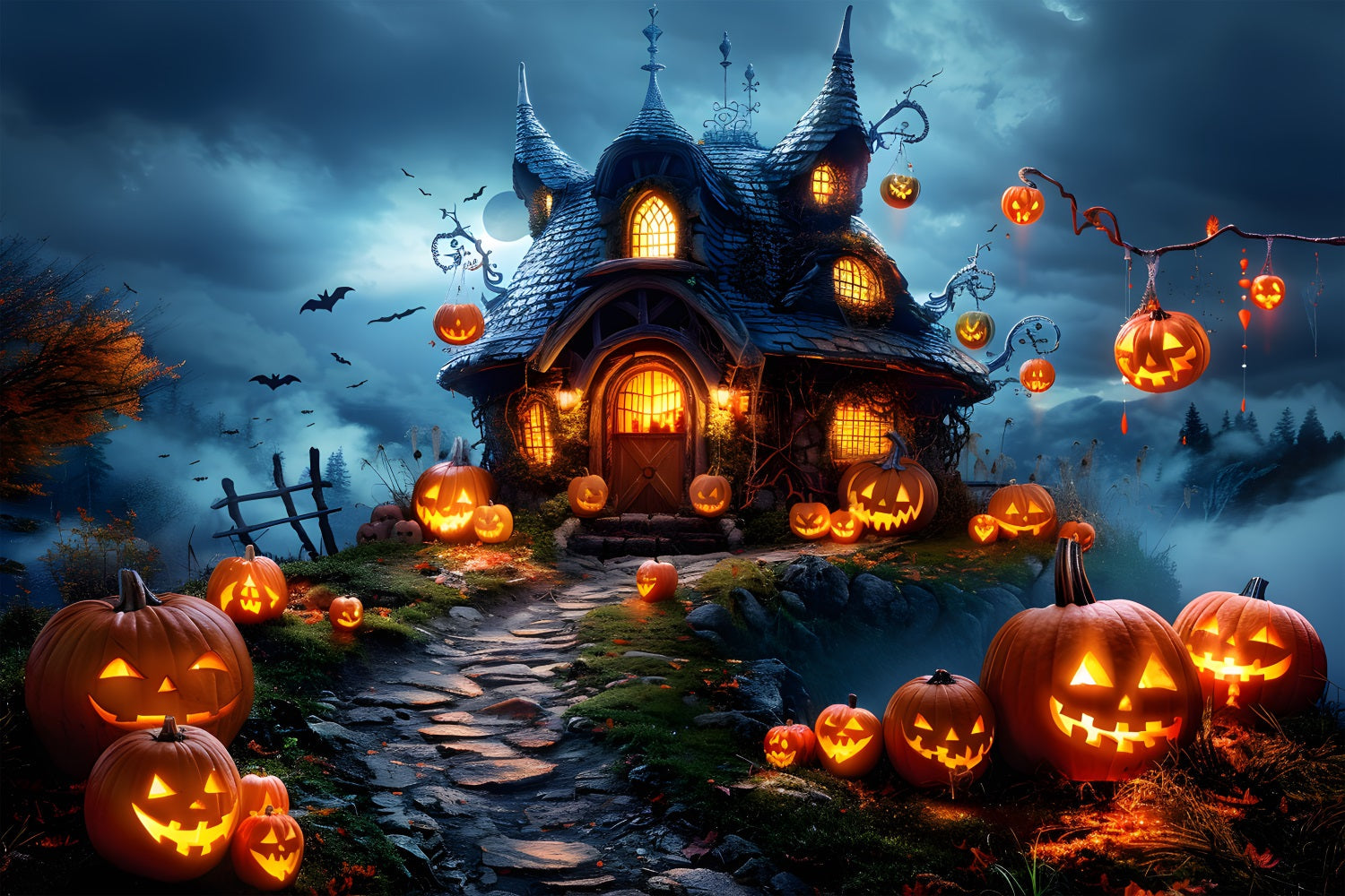 Sfondo Del Cottage Con Lanterne Di Zucca Di Halloween RR7-287