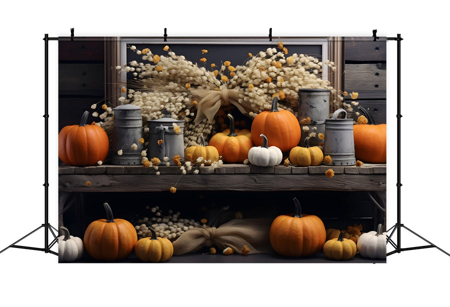 Sfondo Rustico Con Fascio Di Grano E Zucca Autunnale RR7-289