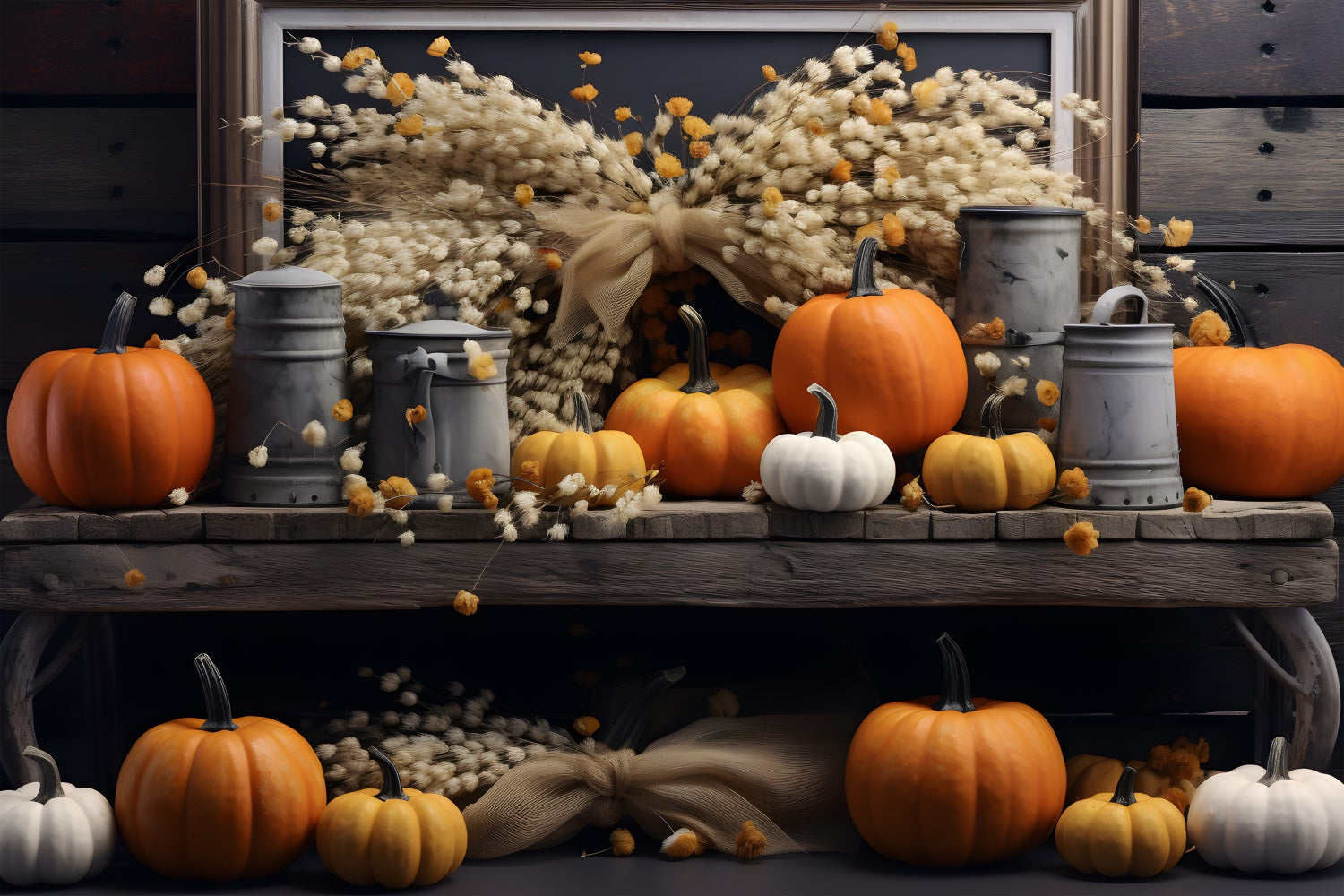 Sfondo Rustico Con Fascio Di Grano E Zucca Autunnale RR7-289