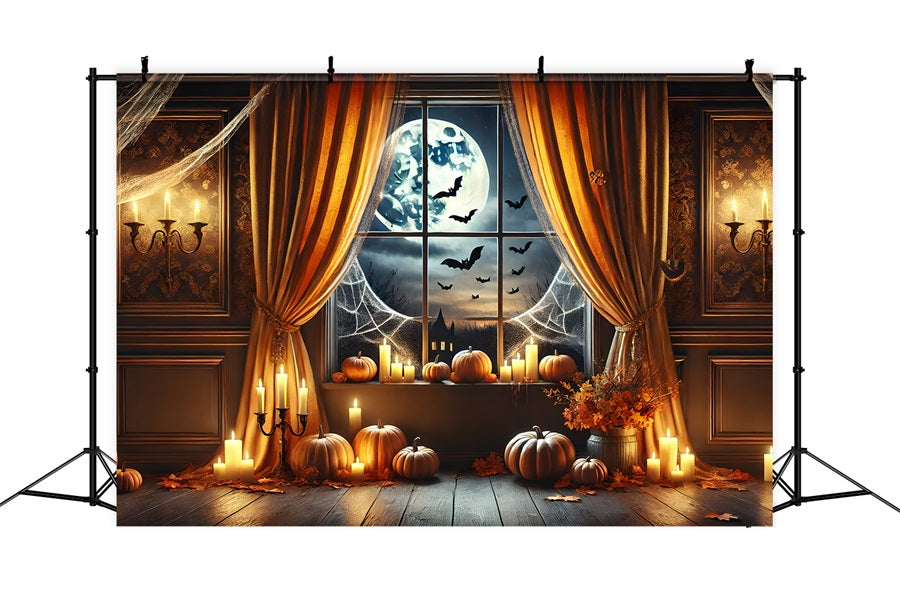 Sfondo Della Finestra Al Chiaro Di Luna Con Lanterne Di Zucca Di Halloween RR7-291