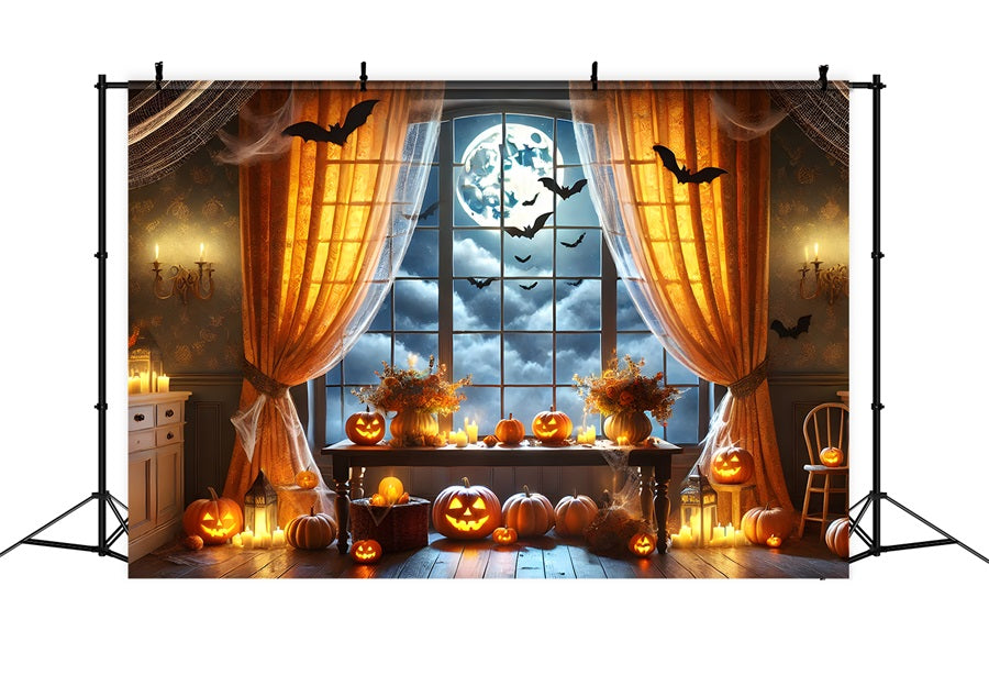 Sfondo Della Finestra Della Luna Piena Della Zucca Di Halloween RR7-292