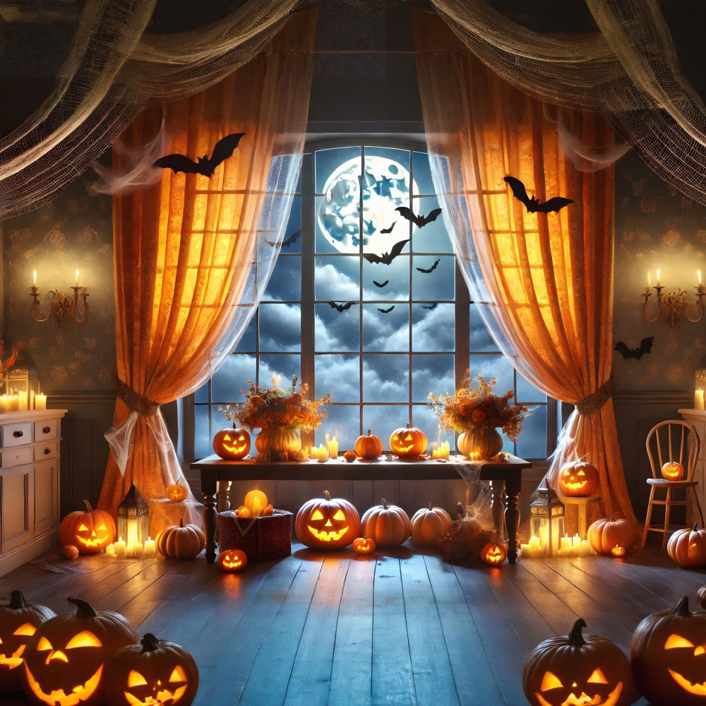 Sfondo Della Finestra Della Luna Piena Della Zucca Di Halloween RR7-292