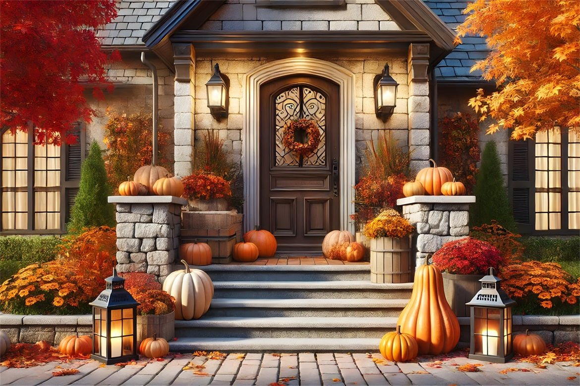 Sfondo Autunnale Di Lanterne Con Zucche Sul Portico Anteriore RR7-296