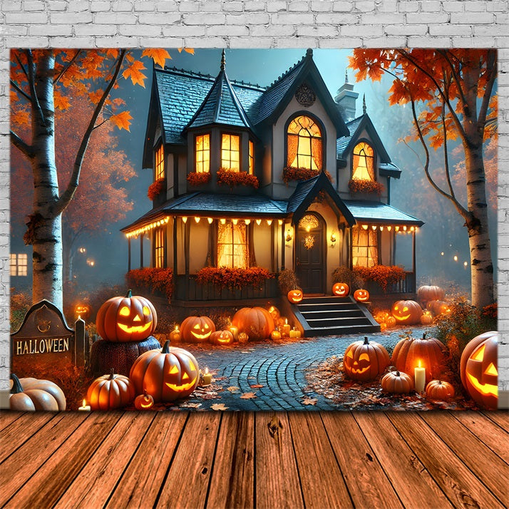 Sfondo Di Cottage Accogliente Con Lanterne Di Zucca Di Halloween RR7-297
