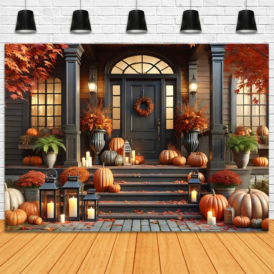 Sfondo Autunnale Di Lanterne Con Zucche Sul Portico Anteriore RR7-298