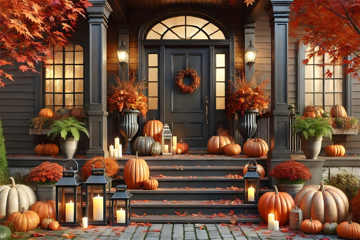 Sfondo Autunnale Di Lanterne Con Zucche Sul Portico Anteriore RR7-298