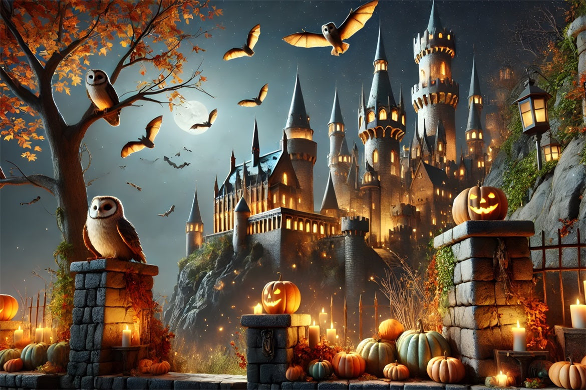 Sfondo Del Castello Incantato Delle Lanterne Della Zucca Di Halloween RR7-300