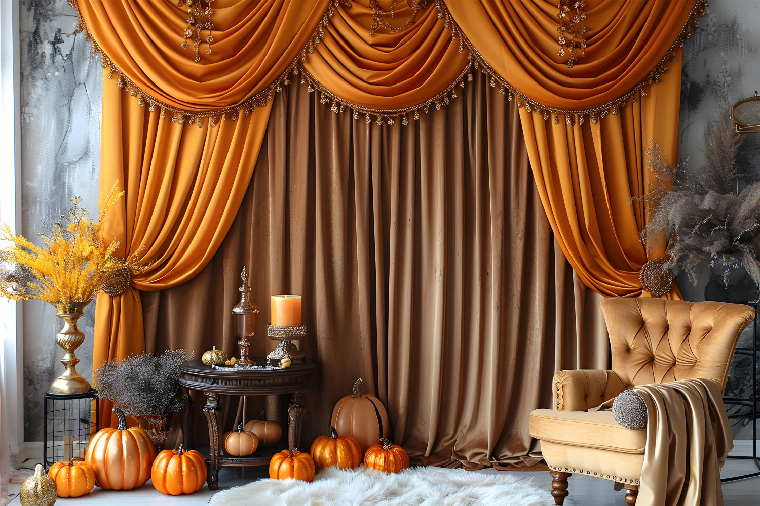 Elegante Sfondo Dorato Con Zucche Autunnali Drappeggiate RR7-308