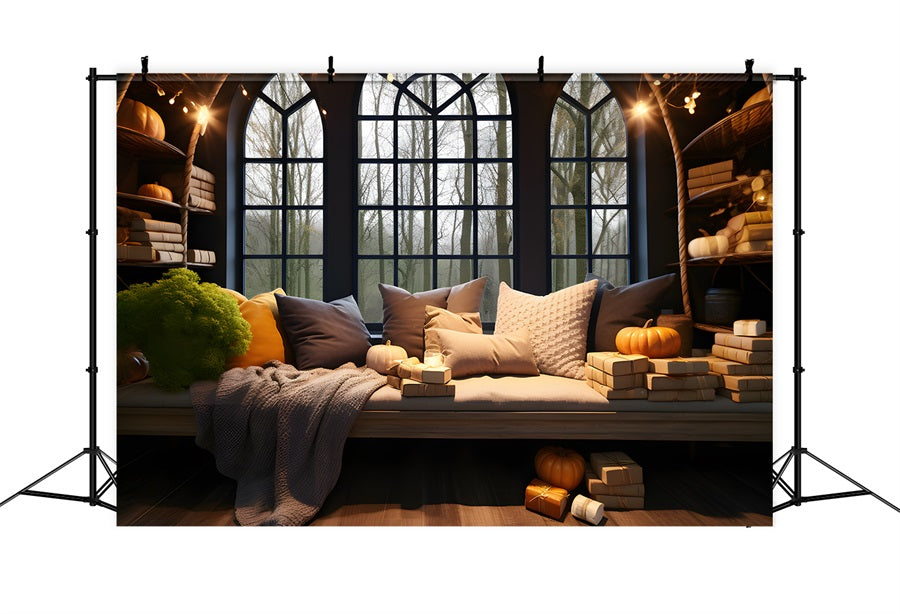Accogliente Angolo Finestra Autunnale Con Zucche E Cuscini Sullo Sfondo RR7-312