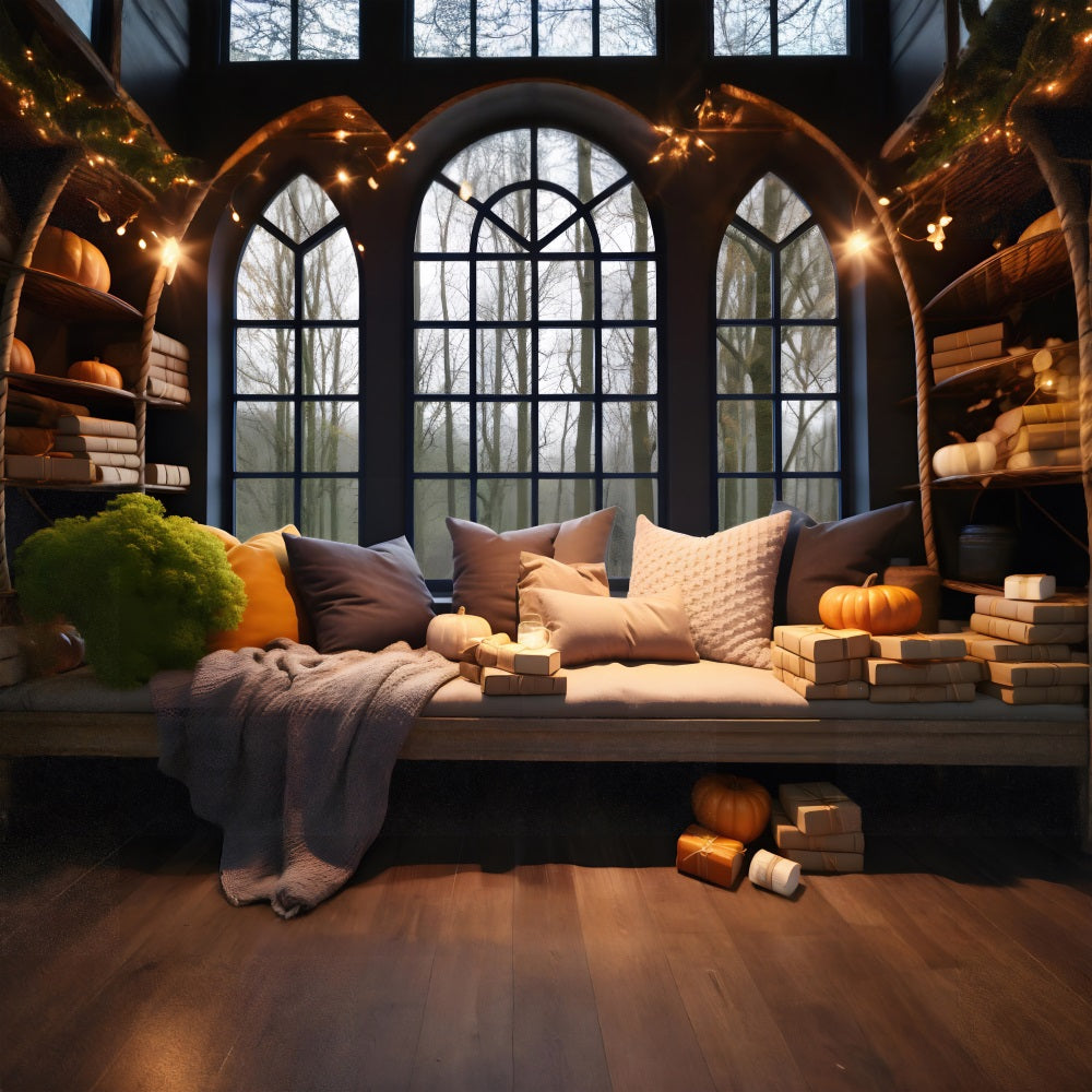 Accogliente Angolo Finestra Autunnale Con Zucche E Cuscini Sullo Sfondo RR7-312