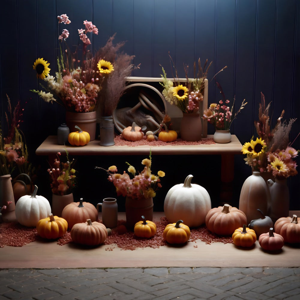 Sfondo Rustico Con Zucche E Girasoli In Autunno RR7-313