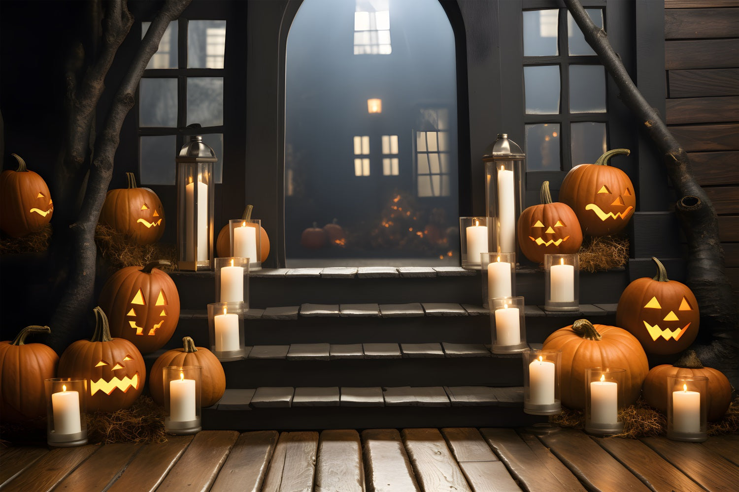 Sfondo Di Lanterne Di Zucca Con Portico Infestato RR7-319