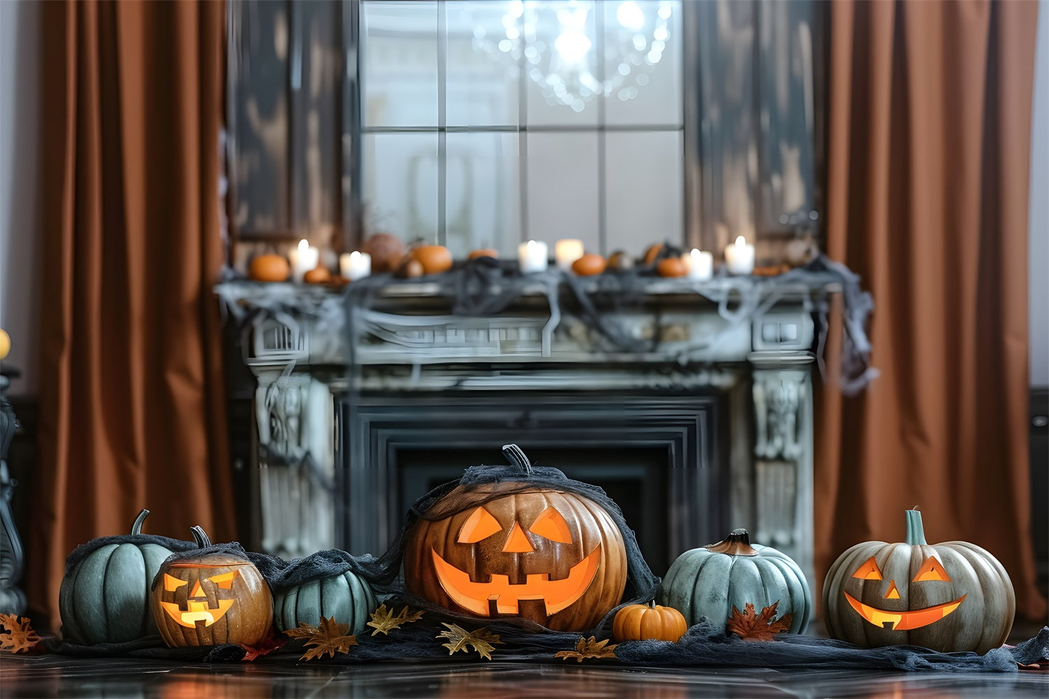 Sfondo Di Zucche Luminose Con Camino Di Halloween RR7-323