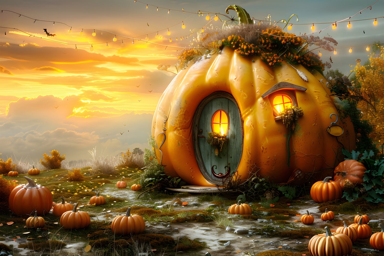 Sfondo Tramonto Autunno Cottage Zucca RR7-324