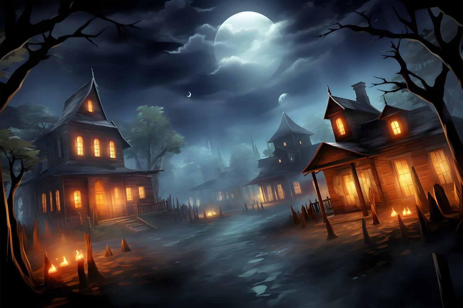 Sfondo Del Villaggio Infestato Dal Chiaro Di Luna Di Halloween RR7-325