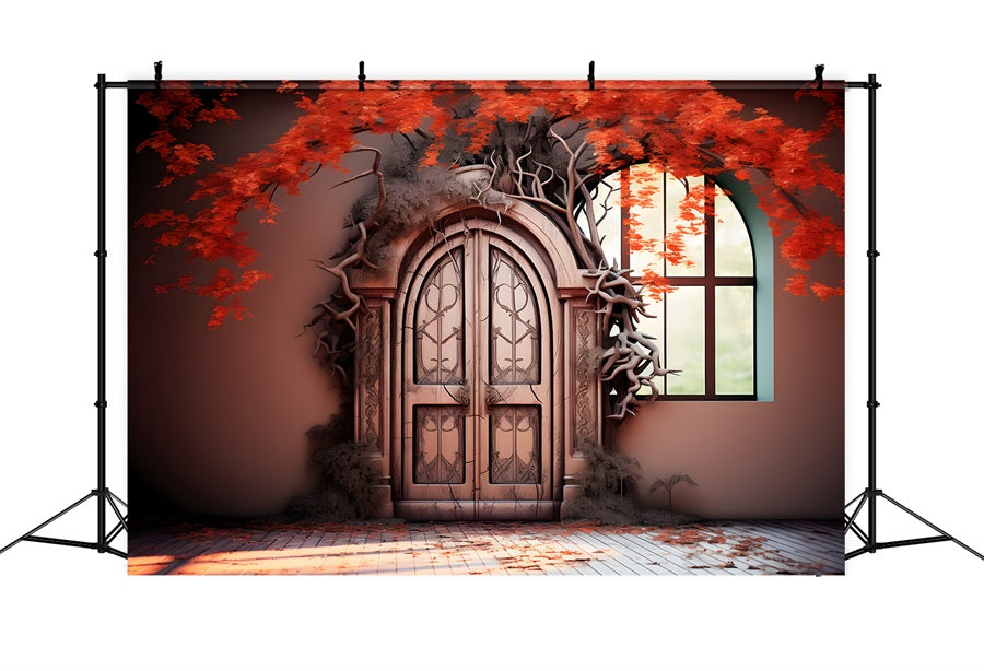 Porta Autunnale Incantata Con Foglie Rosse Sullo Sfondo RR7-332