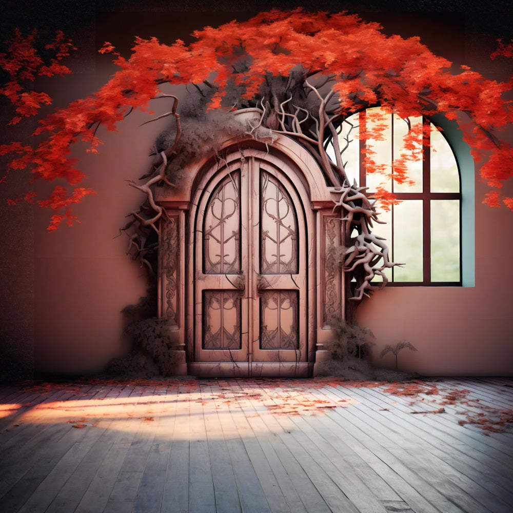Porta Autunnale Incantata Con Foglie Rosse Sullo Sfondo RR7-332