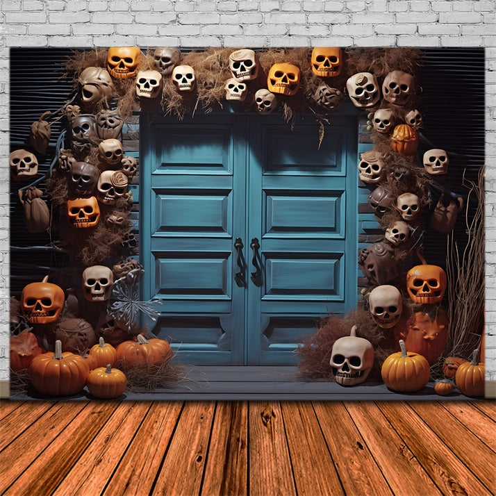 Sfondo Porta Blu Lanterna Zucca Teschio Di Halloween RR7-343