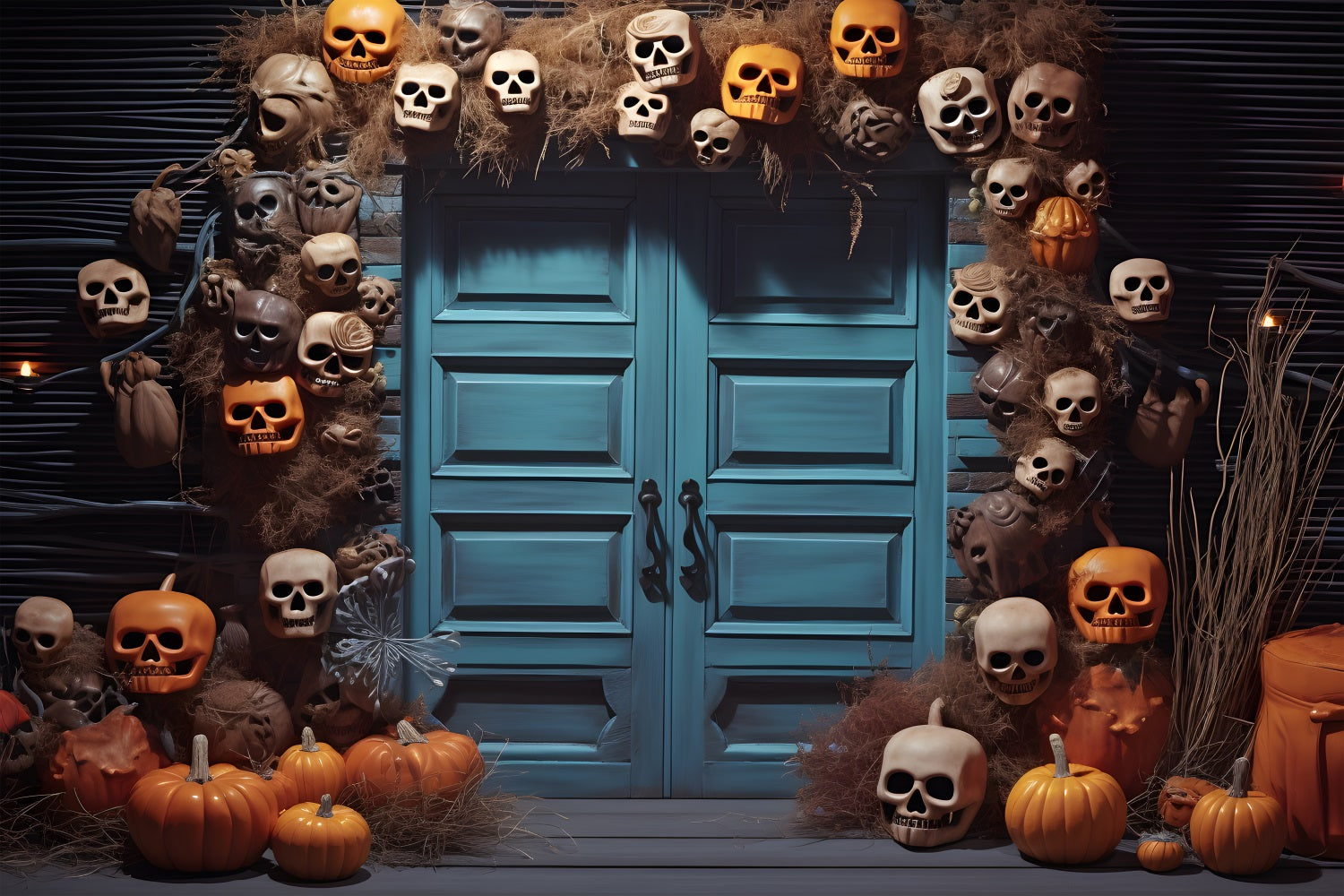 Sfondo Porta Blu Lanterna Zucca Teschio Di Halloween RR7-343