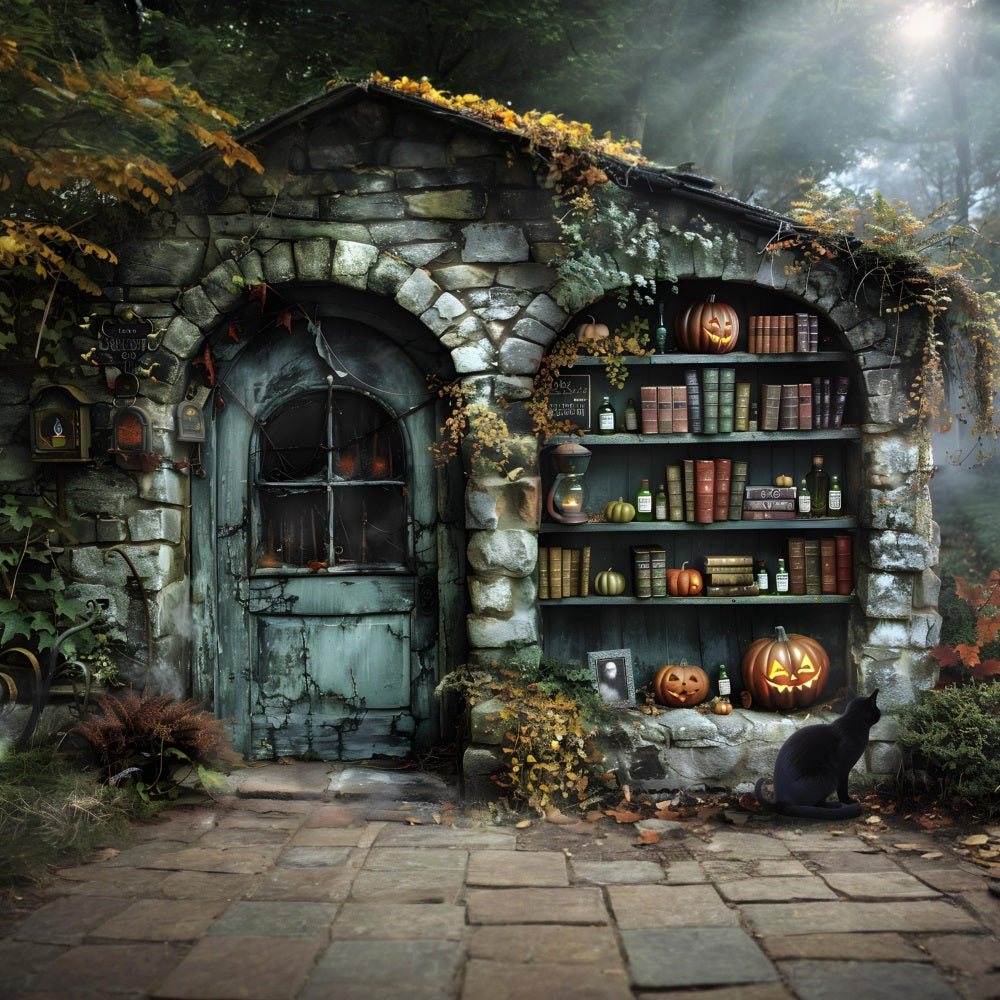 Sfondo Dei Libri Di Pozioni Del Cottage Della Strega Di Halloween RR7-347