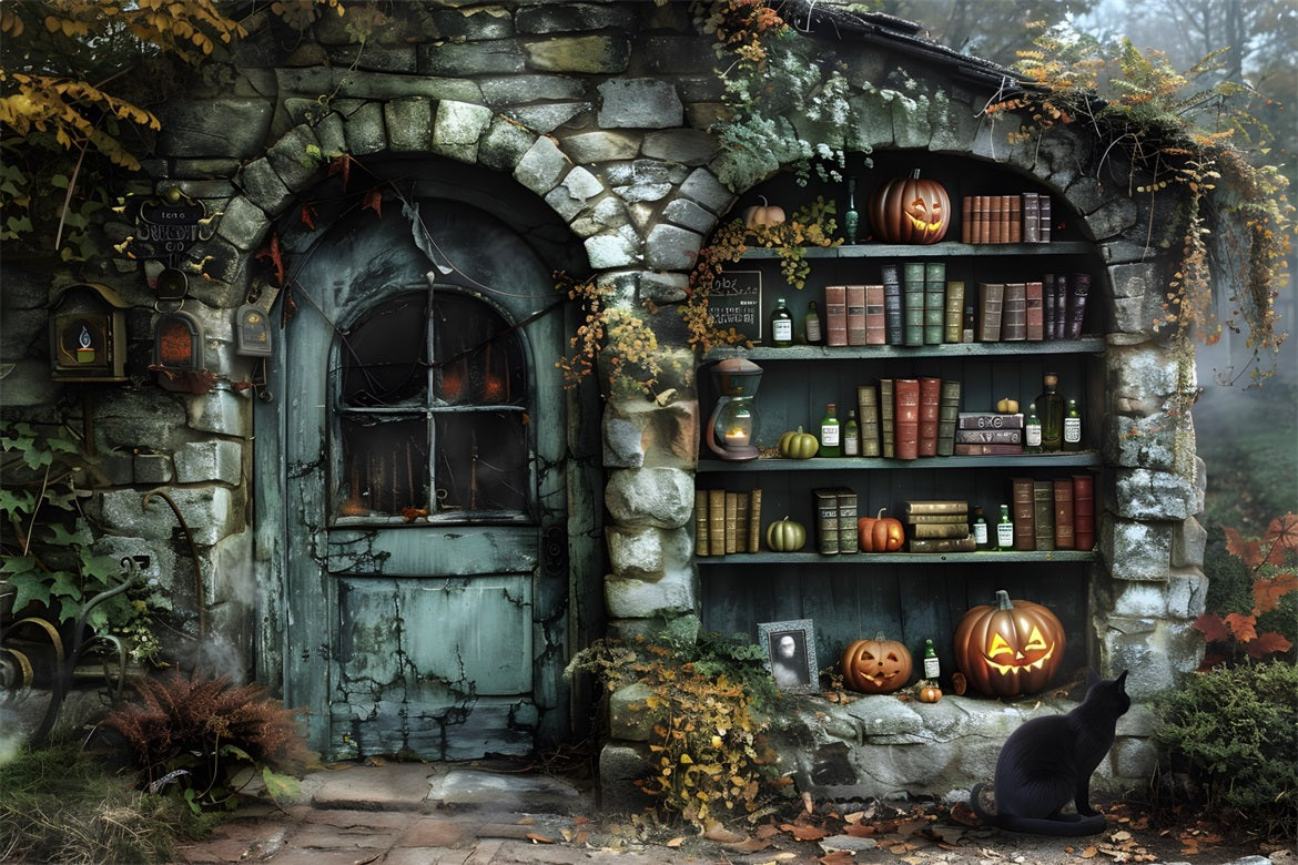 Sfondo Dei Libri Di Pozioni Del Cottage Della Strega Di Halloween RR7-347