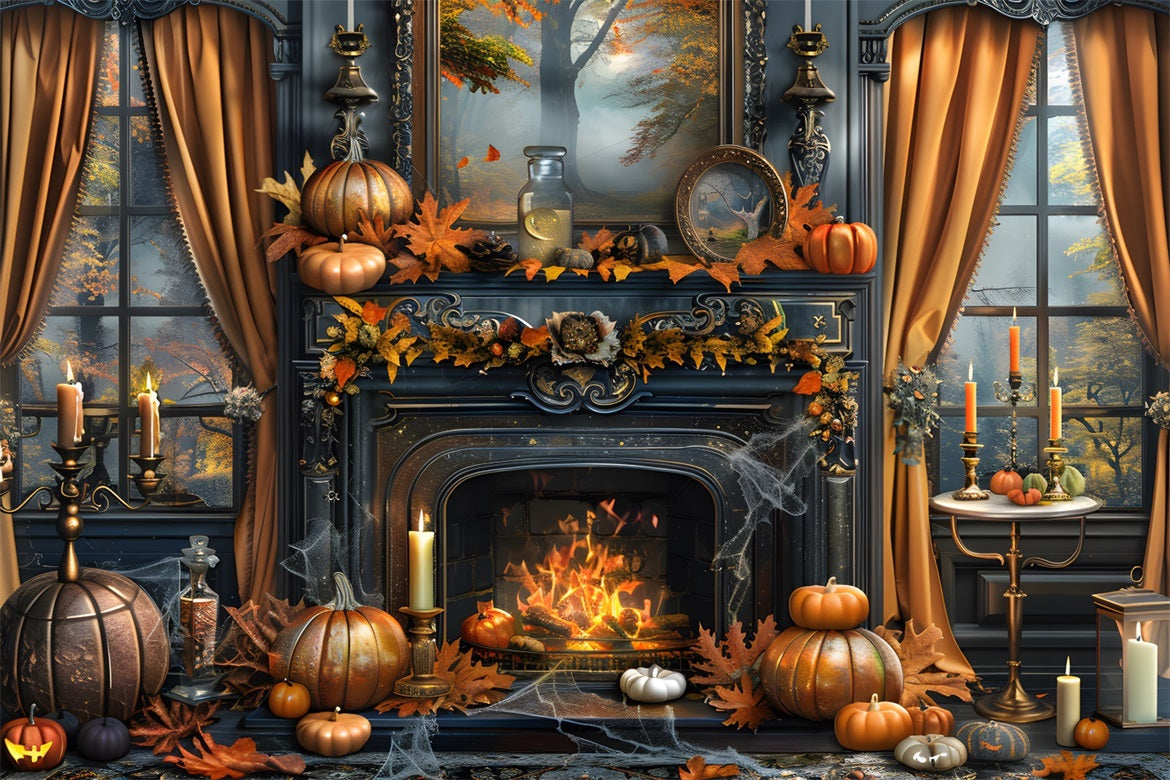 Sfondo Di Decorazioni Di Zucca Per Caminetto Autunnale Incantato RR7-353