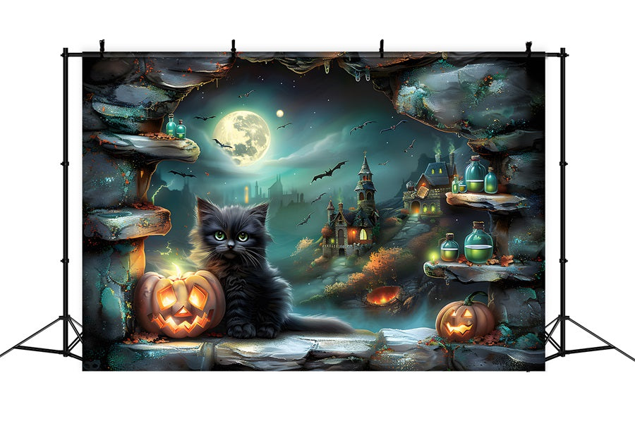 Sfondo Di Zucche Di Gatto Nero Del Villaggio Di Halloween RR7-359