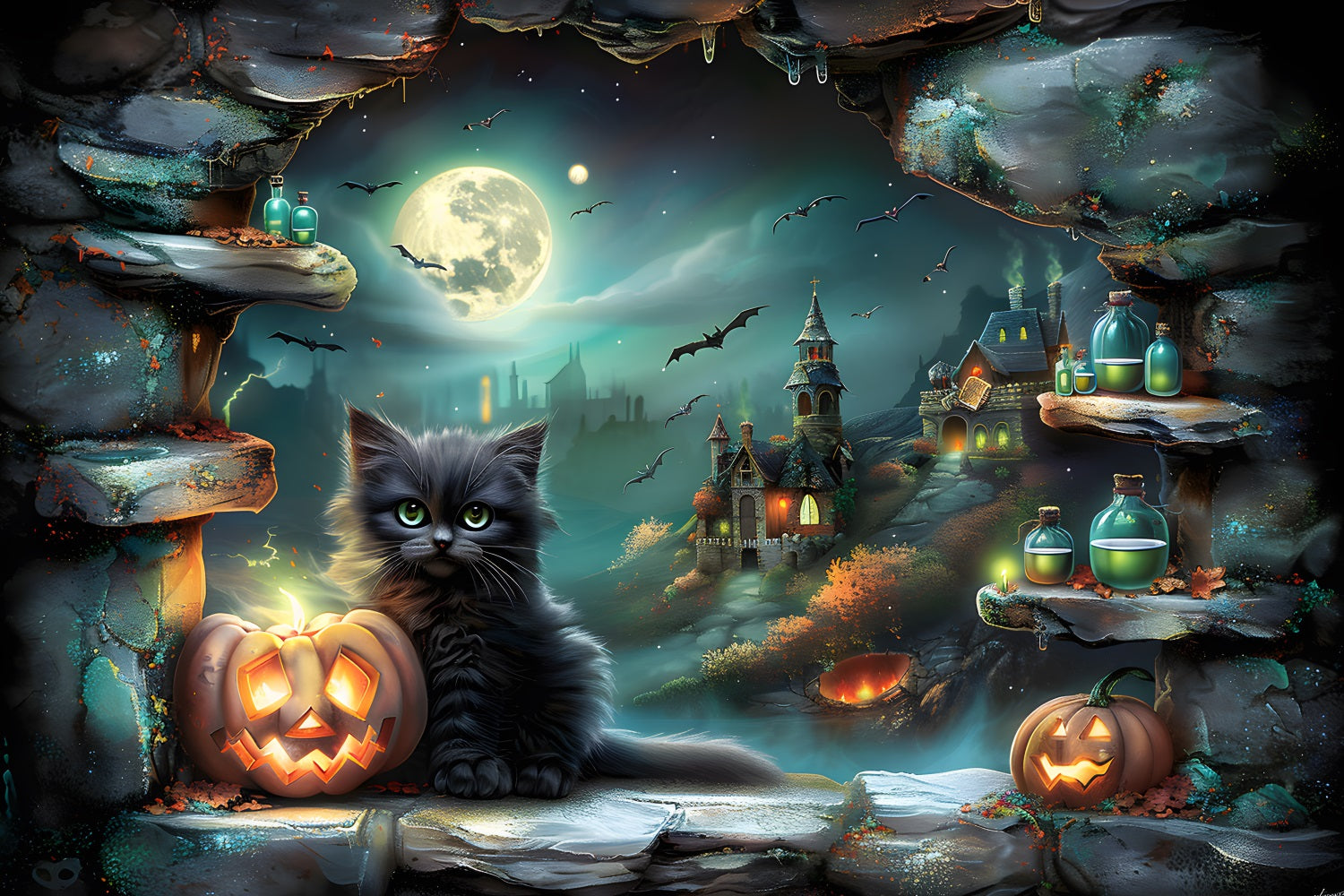 Sfondo Di Zucche Di Gatto Nero Del Villaggio Di Halloween RR7-359