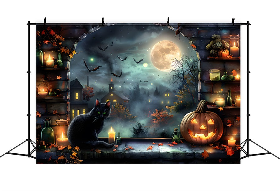 Sfondo Del Gatto Nero Del Villaggio Al Chiaro Di Luna Di Halloween RR7-360
