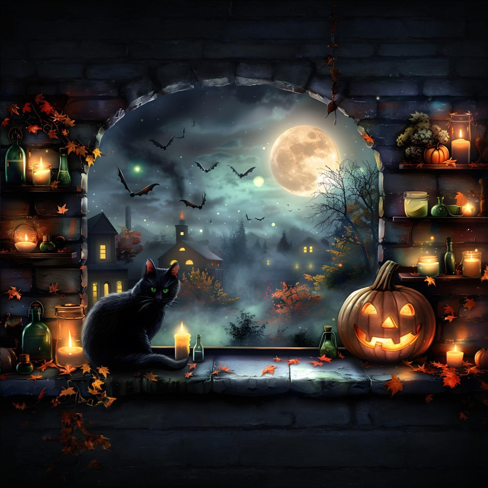 Sfondo Del Gatto Nero Del Villaggio Al Chiaro Di Luna Di Halloween RR7-360