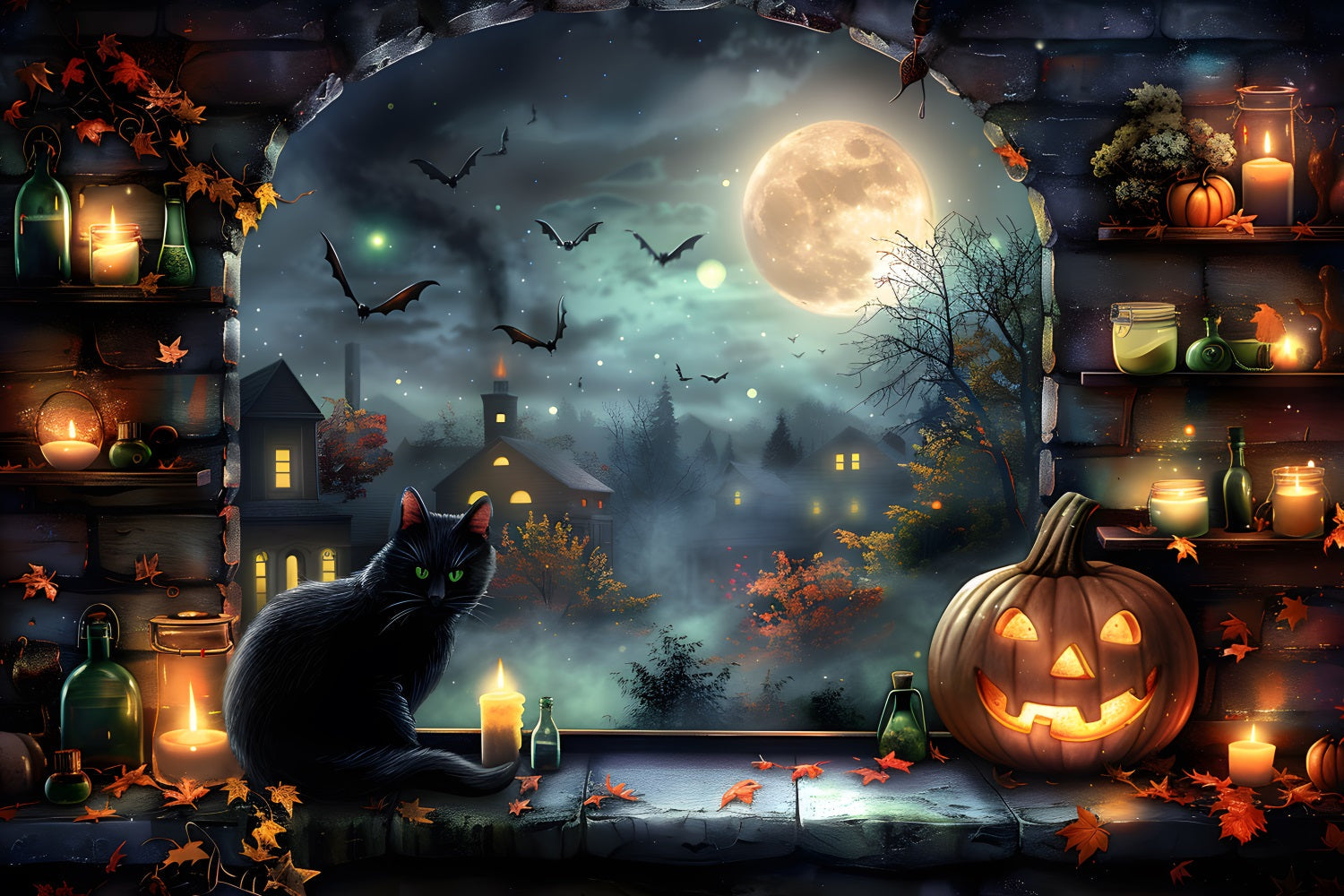 Sfondo Del Gatto Nero Del Villaggio Al Chiaro Di Luna Di Halloween RR7-360