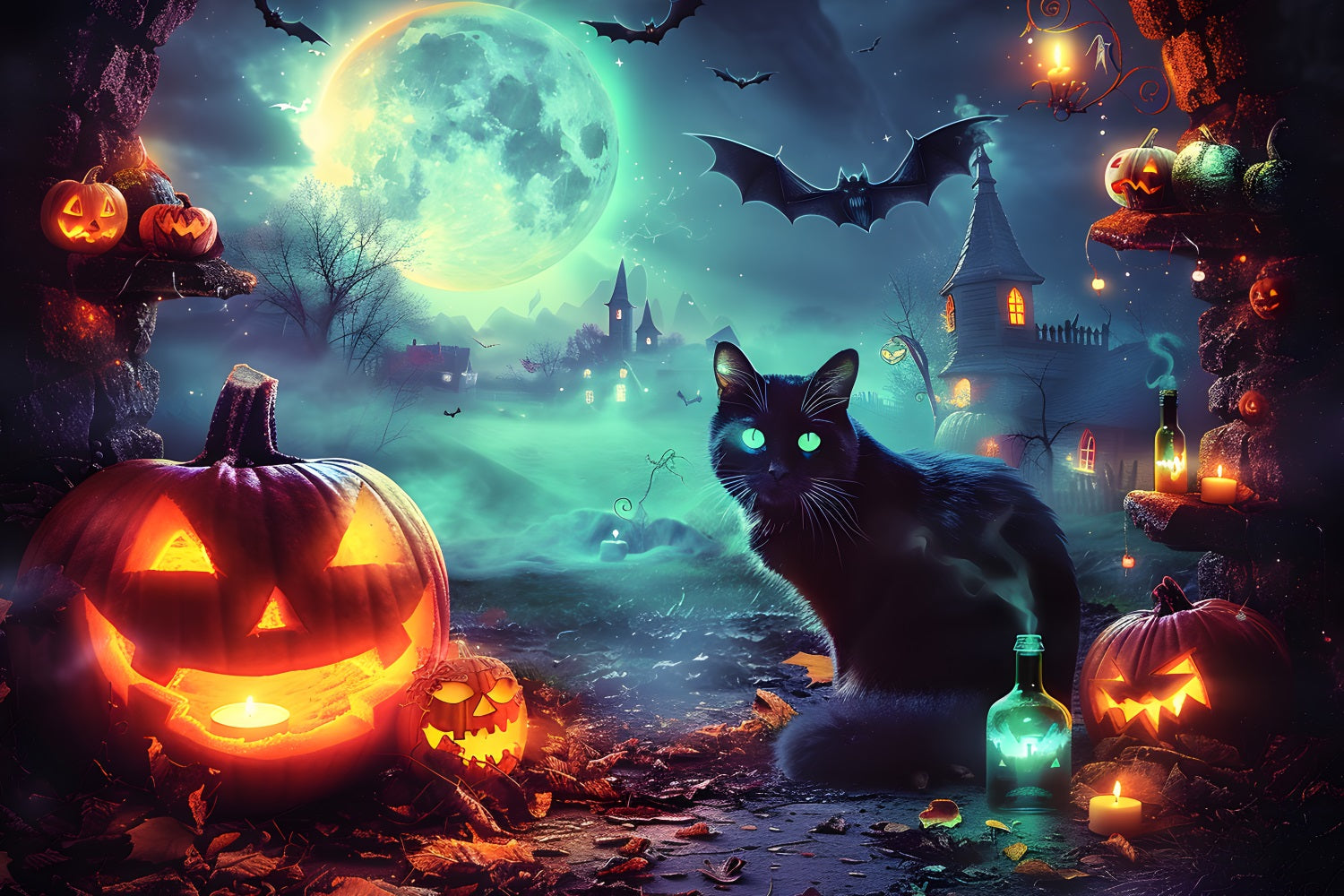 Sfondo Di Gatto Incandescente Del Villaggio Al Chiaro Di Luna Di Halloween RR7-361