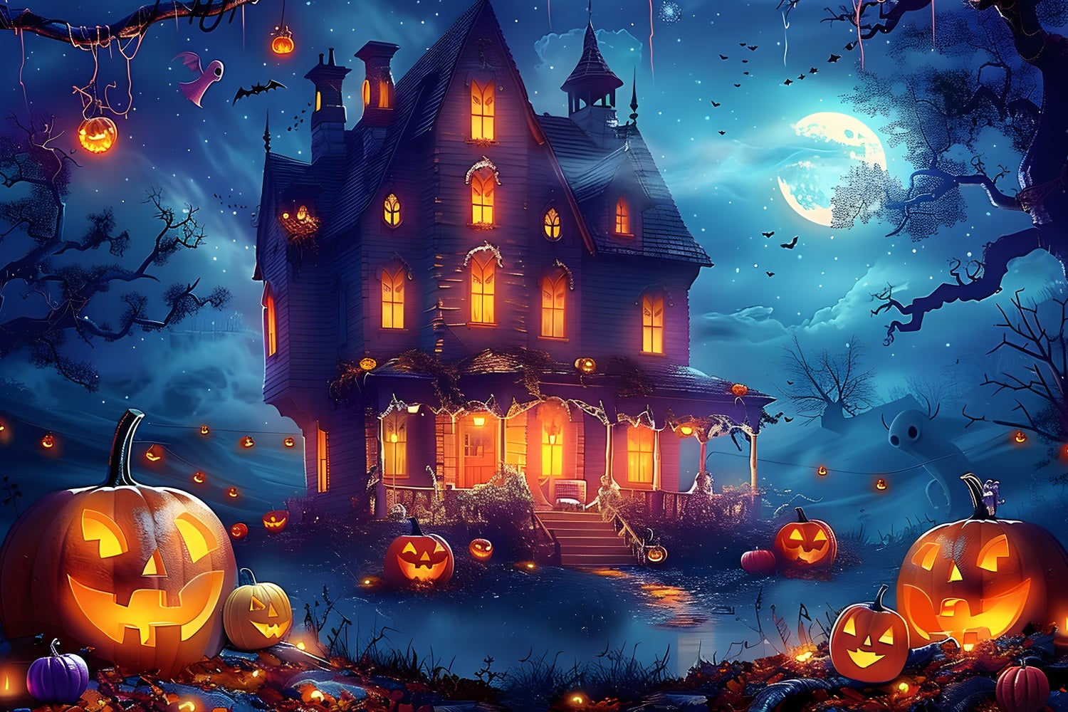 Sfondo Della Notte Al Chiaro Di Luna Della Casa Stregata Di Halloween RR7-362
