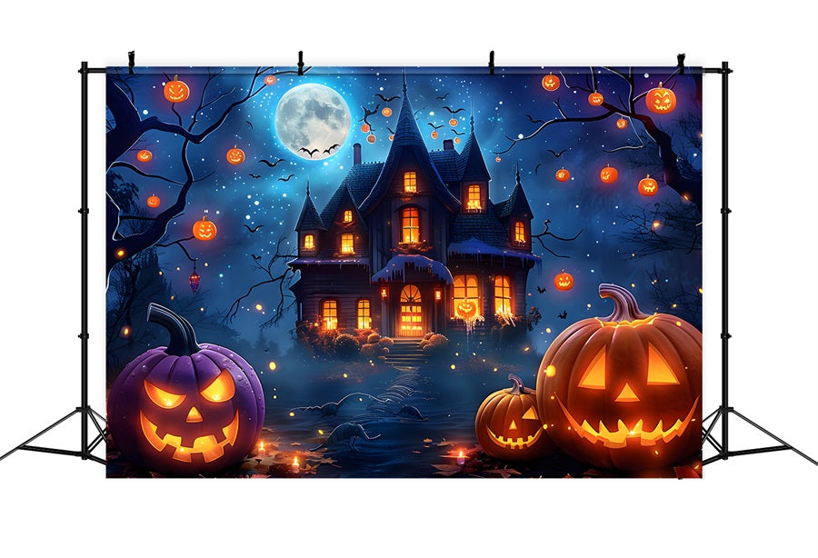 Sfondo Del Villaggio Di Halloween Al Chiaro Di Luna Di Mezzanotte RR7-363