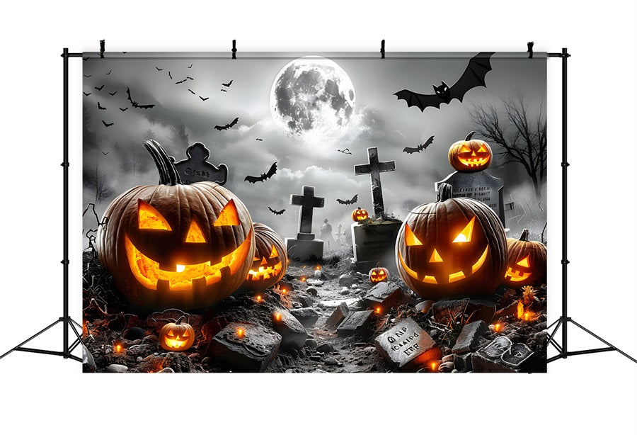 Sfondo Di Pipistrelli Di Zucca Incandescente Del Cimitero Di Halloween RR7-379