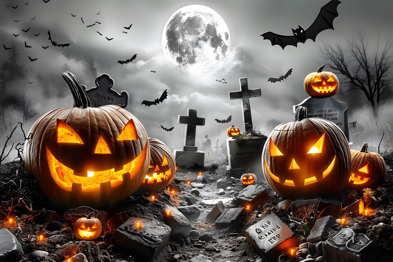 Sfondo Di Pipistrelli Di Zucca Incandescente Del Cimitero Di Halloween RR7-379