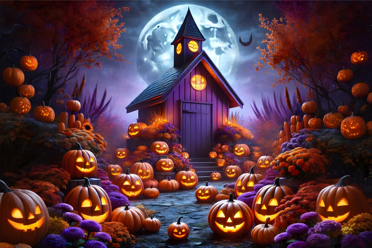 Sfondo Del Cottage Incantato Con Zucche Di Halloween RR7-380