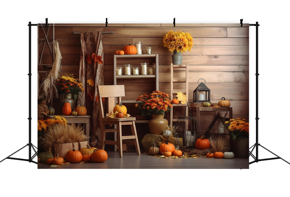 Sfondo Di Fienile Di Halloween Con Fiori Di Zucche RR7-381