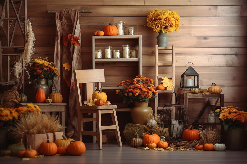 Sfondo Di Fienile Di Halloween Con Fiori Di Zucche RR7-381