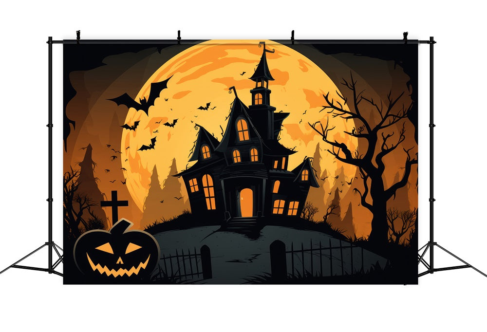 Sfondo Di Pipistrelli Della Luna Piena Di Halloween Ghost House RR7-385